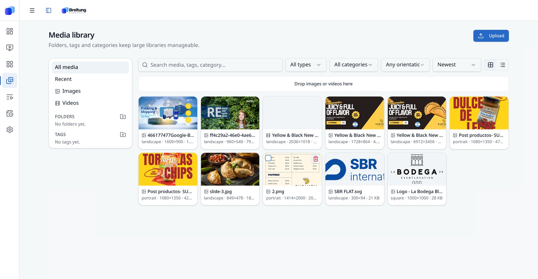 Breitung Signage media library with images and videos, folders and tags
