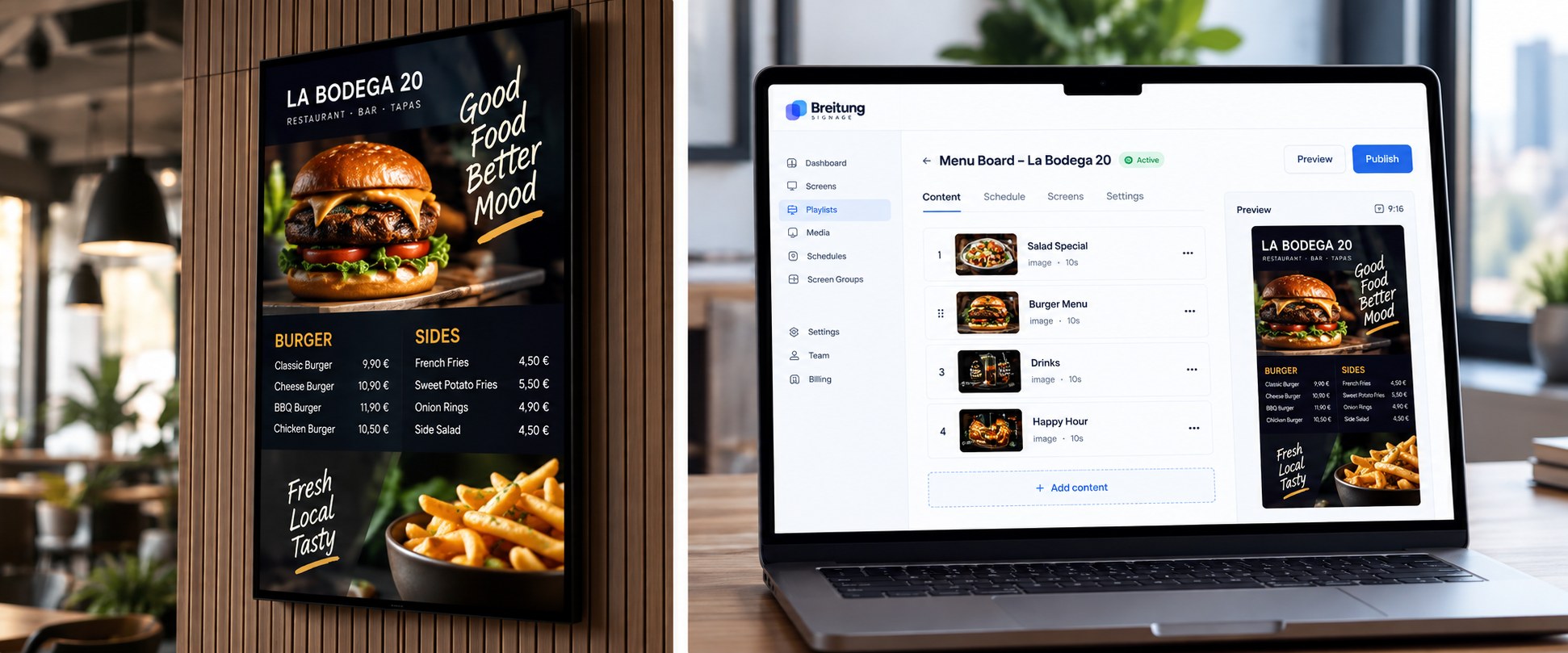 Breitung Signage in use: a menu board on a TV and the Control Center playlist editor on a laptop